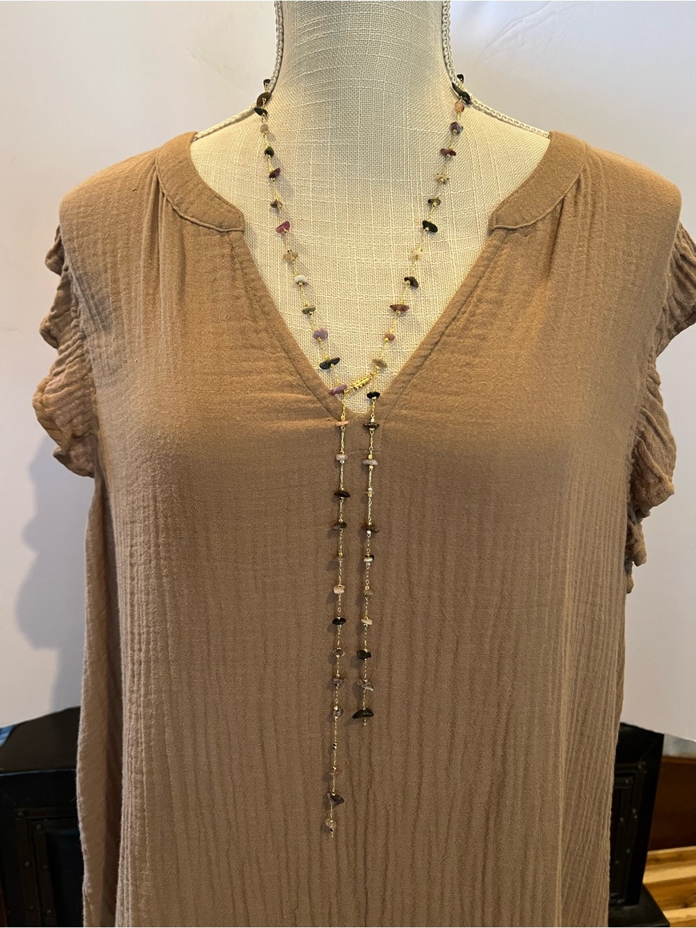 Delicate Multicolor Beaded Lariat Necklace - Gold Accents